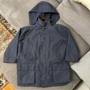 VINTAGE POLO RALPH LAUREN NAVY BLUE WAX FIELD COAT JACKET W/ HOOD 1990S LARGE